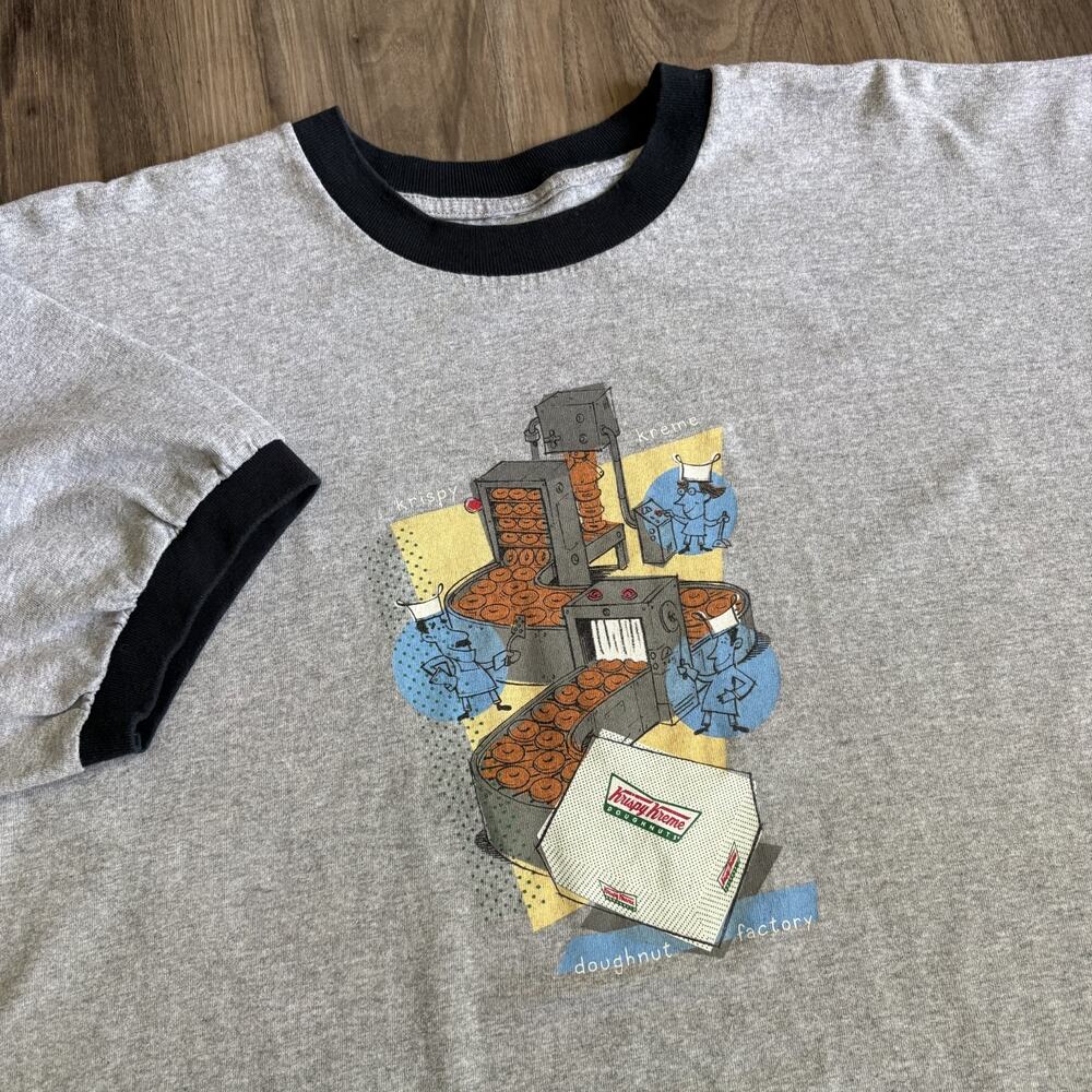 Vintage Krispy Kreme Donuts T-Shirt Men's Size XL Snack Promo 90s Gray Ringer